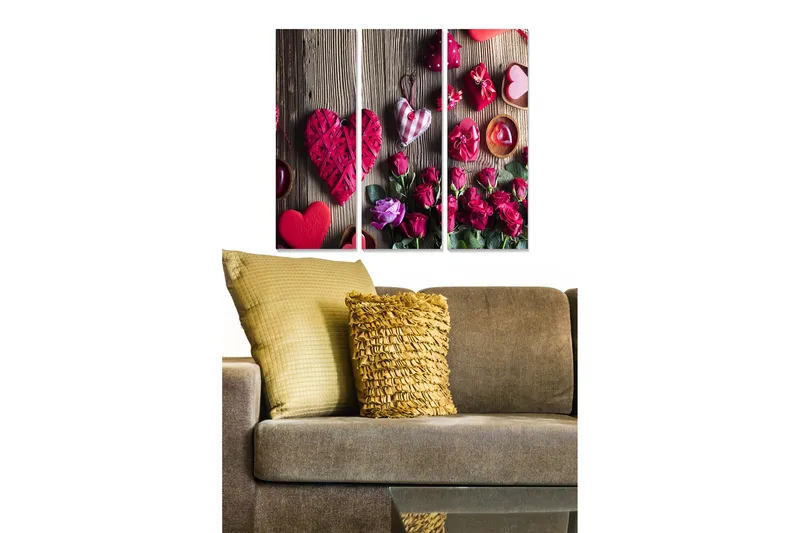 Canvastavla i trä 3-delar 50x70 cm - Romantisk komposition med hjärtan och rosor, Röd / Rosa / Grön