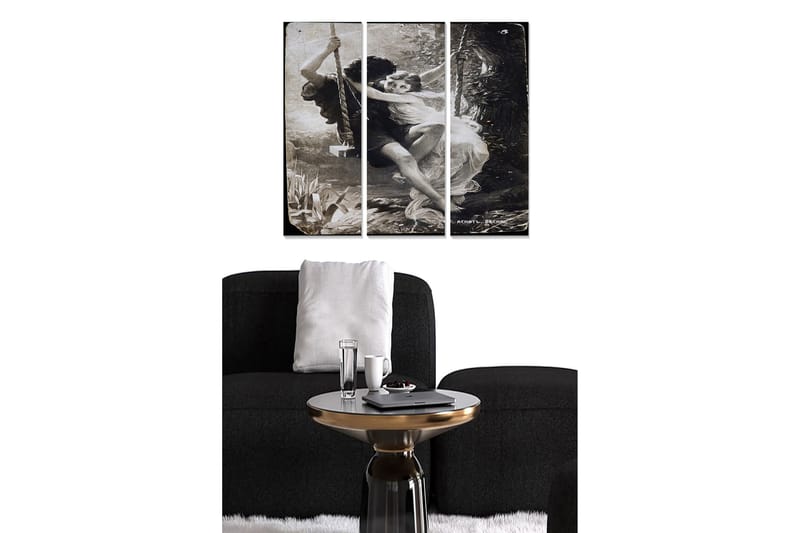 Canvastavla i trä 3-delar 50x70 cm - Romantisk scen med två personer som svänger tillsammans i en grönskande miljö, Svart / Vit / Grå