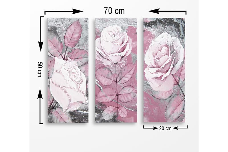 Canvastavla i trä 3-delar 50x70 cm - Rosa blommor med detaljerade bladverk - Rosa / Grå / Vit - Inredning & dekor - Tavlor & konst - Canvastavla