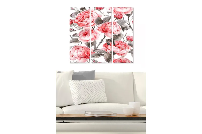 Canvastavla i trä 3-delar 50x70 cm - Rosa pioner i en elegant komposition, Rosa / Grå / Grön