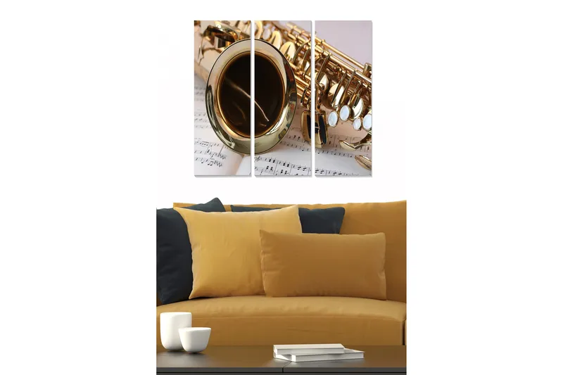Canvastavla i trä 3-delar 50x70 cm - Saxofon med noter i bakgrunden, Guld / Vit / Svart