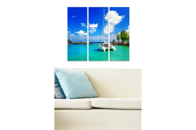 Canvastavla i trä 3-delar 50x70 cm - Segelbåt vid en klarblå lagun, Blå / Turkos / Vit