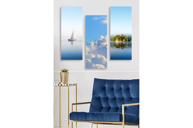 Canvastavla i trä 3-delar 50x70 cm - Segelbåt på spegelblanka vattenytor - Blå / Vit / Grön - Inredning & dekor - Tavlor & konst - Canvastavla