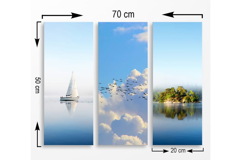 Canvastavla i trä 3-delar 50x70 cm - Segelbåt på spegelblanka vattenytor - Blå / Vit / Grön - Inredning & dekor - Tavlor & konst - Canvastavla