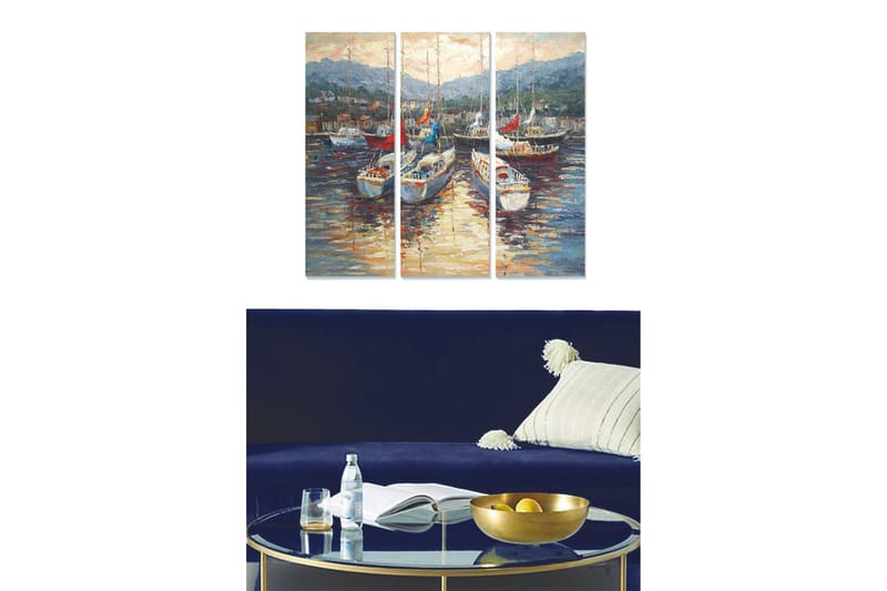 Canvastavla i trä 3-delar 50x70 cm - Segelbåtar i en hamn med speglingar i vattnet - Blå / Vit / Röd - Inredning & dekor - Tavlor & konst - Canvastavla