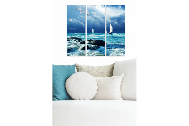 Canvastavla i trä 3-delar 50x70 cm - Segelbåtar på ett stormigt hav, Blå / Vit / Grå