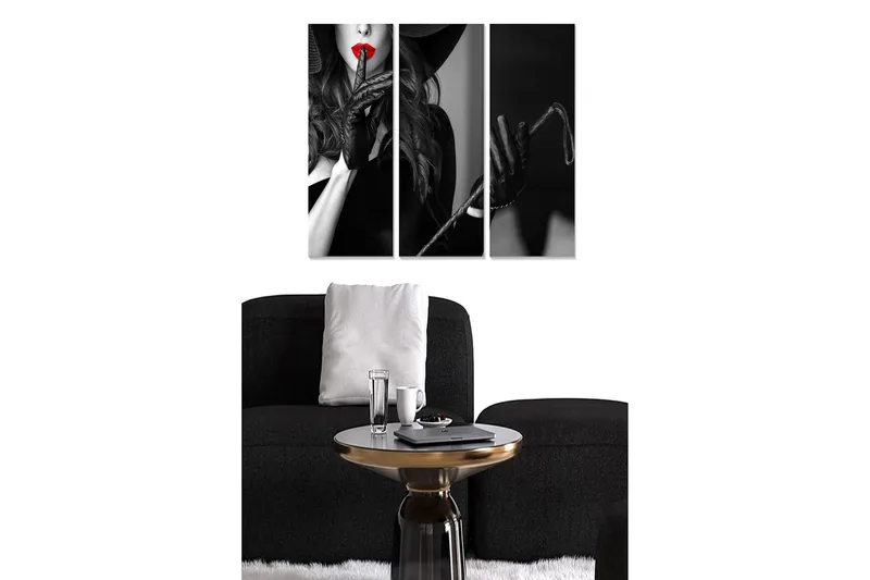 Canvastavla i trä 3-delar 50x70 cm - Sensuell kvinna med röd läppstift och svarta handskar, Svart / Röd