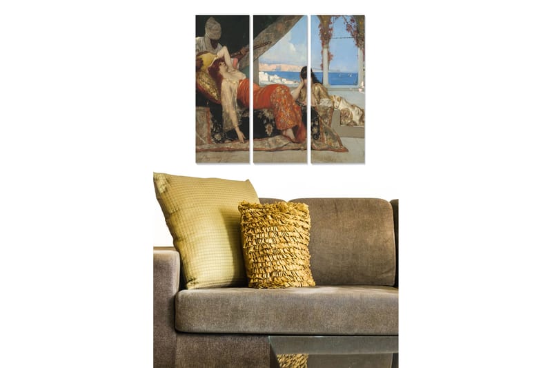 Canvastavla i trä 3-delar 50x70 cm - Sensuell scen med kvinnor i en avkopplande miljö, Röd / Beige / Blå