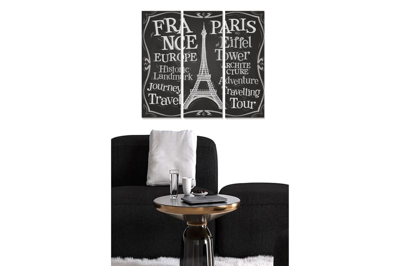 Canvastavla i trä 3-delar 50x70 cm - Silhuett av Eiffeltornet med text som hyllar Frankrike och resande, Svart / Vit