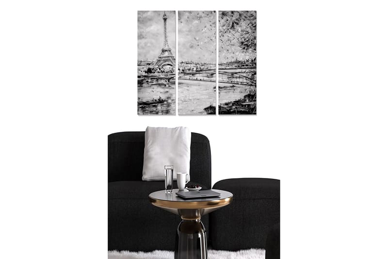 Canvastavla i trä 3-delar 50x70 cm - Silhuett av Eiffeltornet vid Seinefloden i Paris, Svart / Vitt / Grått