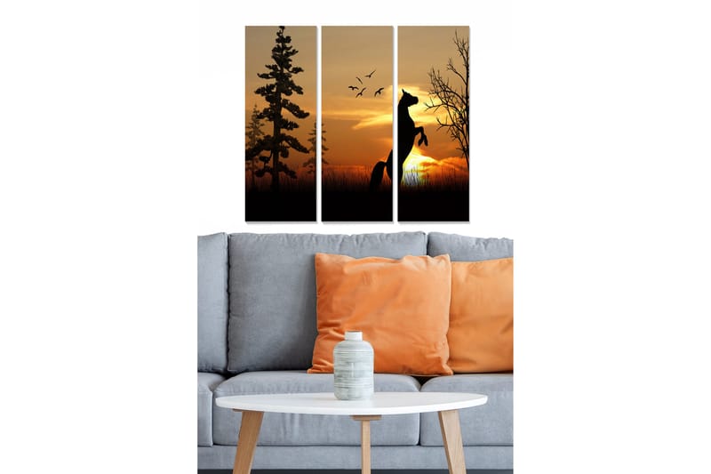 Canvastavla i trä 3-delar 50x70 cm - Silhuett av en häst som reser sig mot en solnedgång med träd och fåglar i bakgrunden - Svart / Orange / Gult - Inredning & dekor - Tavlor & konst - Canvastavla