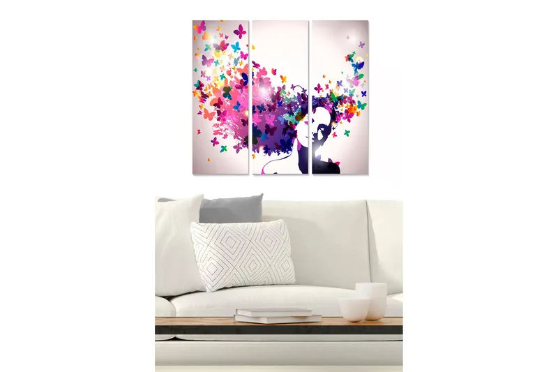 Canvastavla i trä 3-delar 50x70 cm - Silhuett av en kvinna med färgglada fjärilar som svävar omkring henne, Lila / Rosa / Grön