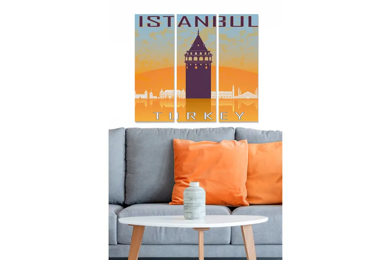 Canvastavla i trä 3-delar 50x70 cm - Silhuett av Istanbul med Galata-tornet i fokus, Orange / Lila / Blå