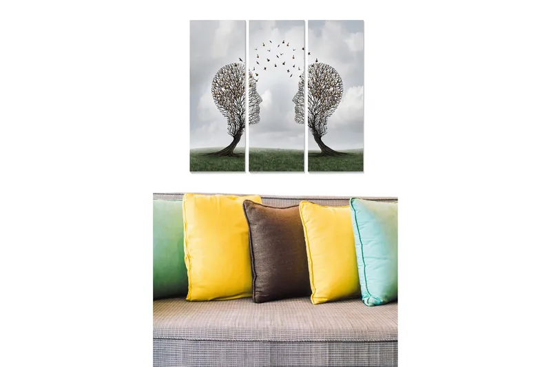 Canvastavla i trä 3-delar 50x70 cm - Silhuetter av ansikten formade av träd med fåglar som flyger mellan dem, Grön / Brun / Grå