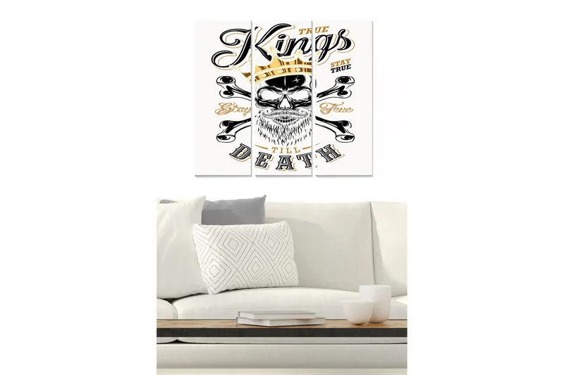 Canvastavla i trä 3-delar 50x70 cm - Skalle med krona och korslagda benknotor, Svart / Guld / Vit