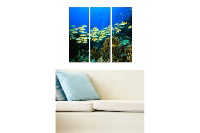 Canvastavla i trä 3-delar 50x70 cm - Skola av färgglada fiskar i korallrevets djup, Blå / Gul / Grön