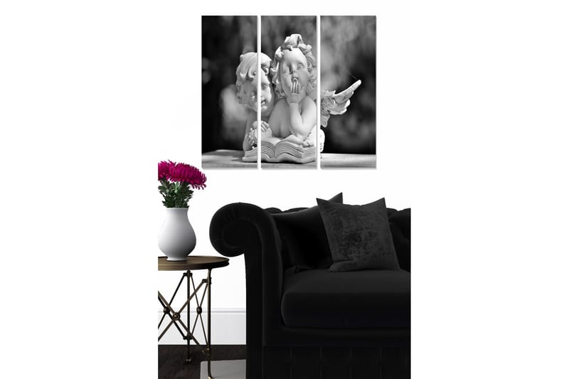 Canvastavla i trä 3-delar 50x70 cm - Skulptur av två änglar som sitter tillsammans och bläddrar i en bok - Vit / Svart / Grå - Inredning & dekor - Tavlor & konst - Canvastavla