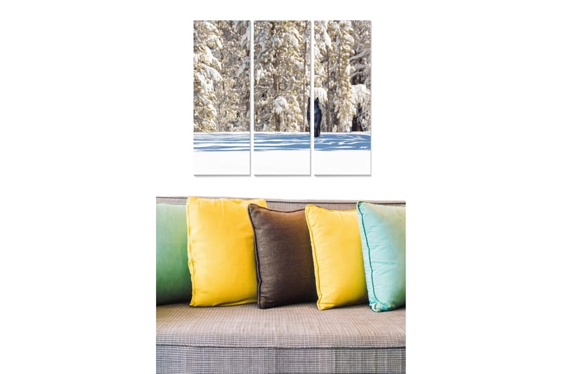 Canvastavla i trä 3-delar 50x70 cm - Snöklädda träd i en vinterlandskapsscen, Vit / Blå / Grön