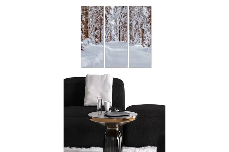 Canvastavla i trä 3-delar 50x70 cm - Snötäckt skogsväg omgiven av vinterlandskap, Vit / Brun