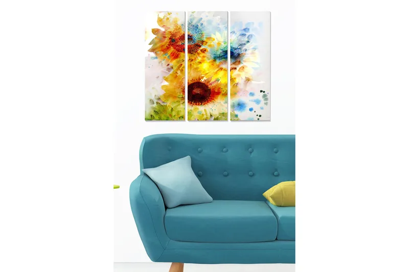 Canvastavla i trä 3-delar 50x70 cm - Soliga solrosor i livfulla komposition, Gul / Grön / Röd