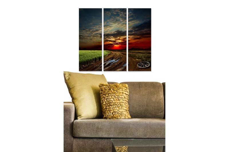 Canvastavla i trä 3-delar 50x70 cm - Solnedgång över ett fält med en grusväg, Mörkröd / Grön / Blå