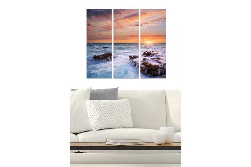 Canvastavla i trä 3-delar 50x70 cm - Solnedgång över havet med klippor i förgrunden, Blå / Orange / Lila