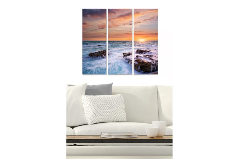 Canvastavla i trä 3-delar 50x70 cm - Solnedgång över havet med klippor i förgrunden, Blå / Orange / Lila