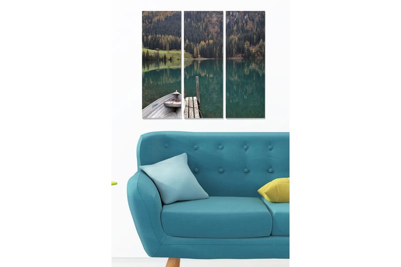 Canvastavla i trä 3-delar 50x70 cm - Spegelblanka sjölandskap med en båt vid bryggan - Turkos / Grön / Brun - Inredning & dekor - Tavlor & konst - Canvastavla
