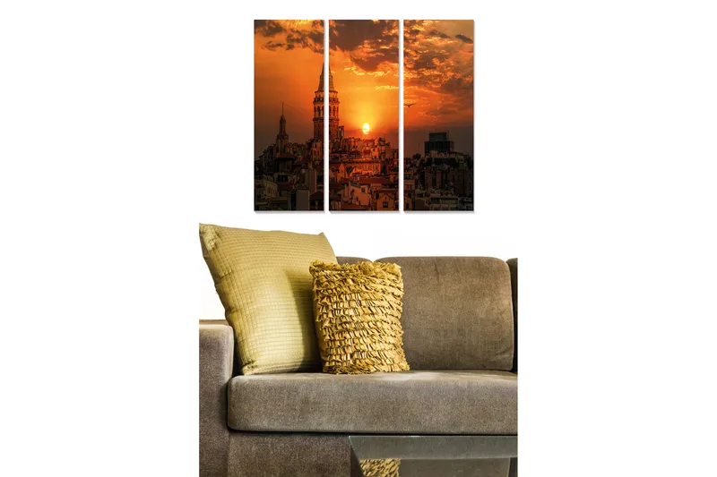 Canvastavla i trä 3-delar 50x70 cm - Stadslandskap med solnedgång över takåsar och torn - Orange / Mörkblå / Guld - Inredning & dekor - Tavlor & konst - Canvastavla