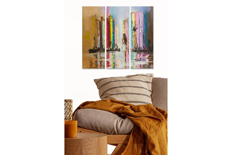 Canvastavla i trä 3-delar 50x70 cm - Stadssilhuett med reflektioner i vatten, Guld / Rosa / Blå