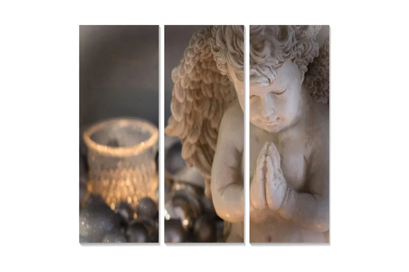 Canvastavla i trä 3-delar 50x70 cm - Stående ängel med hopknäppta händer i bön, Beige / Grå / Silver