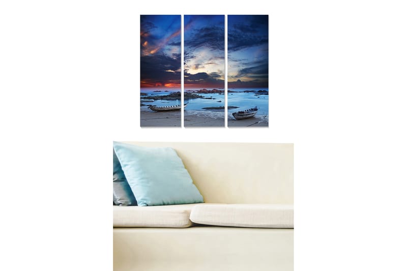 Canvastavla i trä 3-delar 50x70 cm - Stämningsfull havslandskap med båtar vid solnedgång, Mörkblå / Ljusblå / Orange