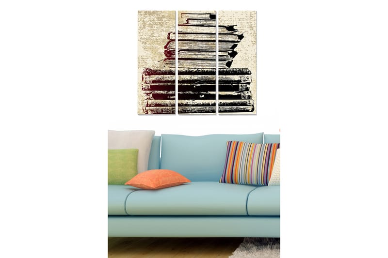 Canvastavla i trä 3-delar 50x70 cm - Stapel av gamla böcker i svart och vitt, Svart / Beige