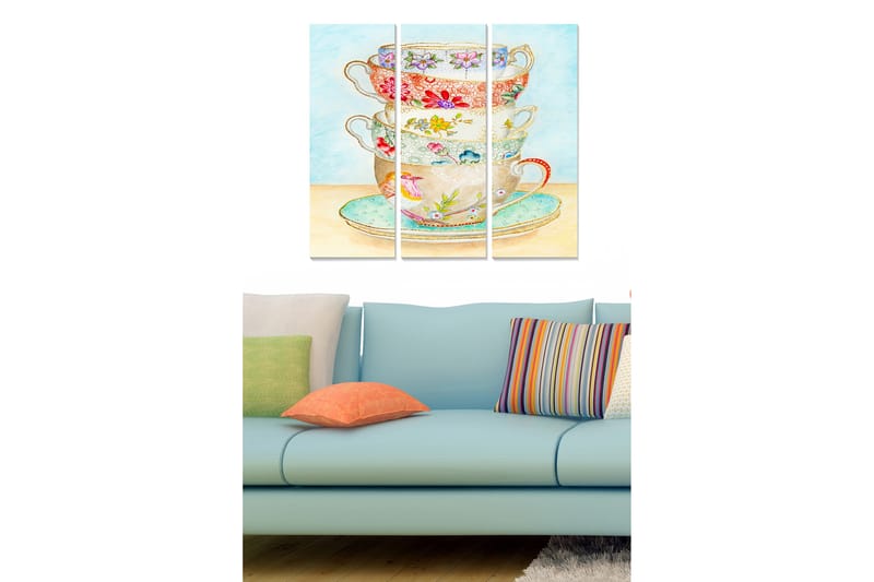 Canvastavla i trä 3-delar 50x70 cm - Staplade tekoppar med blommönster, Ljusblå / Röd / Grön