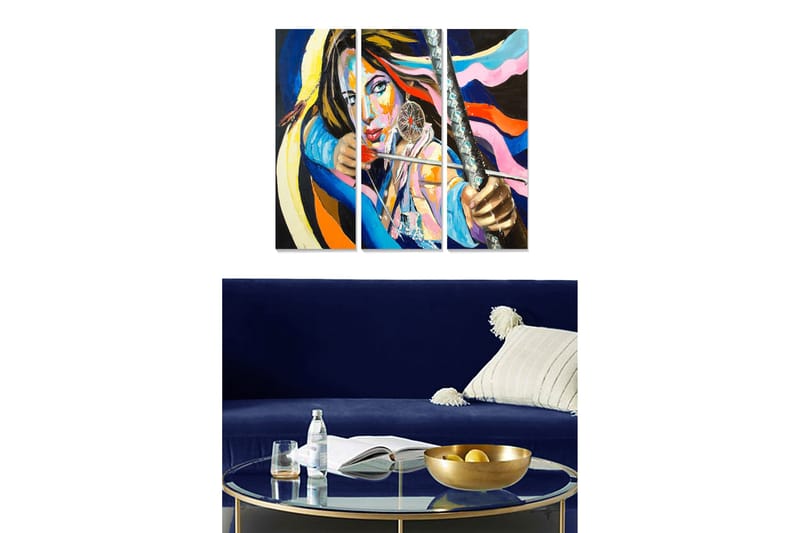 Canvastavla i trä 3-delar 50x70 cm - Starkt porträtt av en kvinna med svärd och färgglada linjer - Blå / Orange / Rosa - Inredning & dekor - Tavlor & konst - Canvastavla