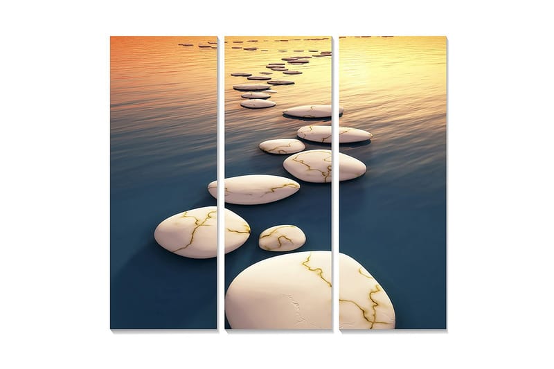 Canvastavla i trä 3-delar 50x70 cm - Stenlagd väg över spegelblanka vattenytor - Vit / Blå / Guld - Inredning & dekor - Tavlor & konst - Canvastavla