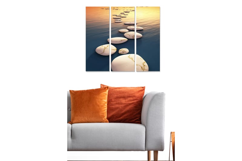 Canvastavla i trä 3-delar 50x70 cm - Stenlagd väg över spegelblanka vattenytor - Vit / Blå / Guld - Inredning & dekor - Tavlor & konst - Canvastavla