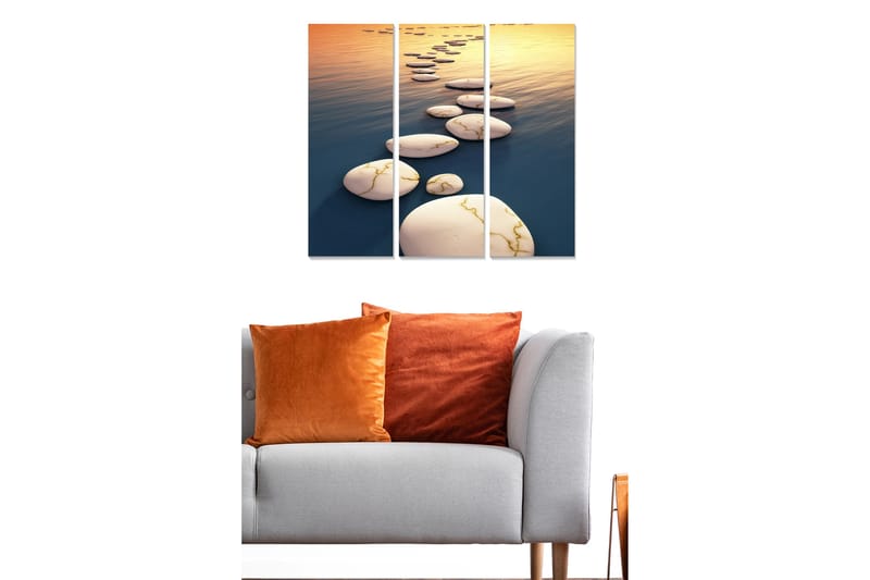 Canvastavla i trä 3-delar 50x70 cm - Stenlagd väg över spegelblanka vattenytor - Vit / Blå / Guld - Inredning & dekor - Tavlor & konst - Canvastavla