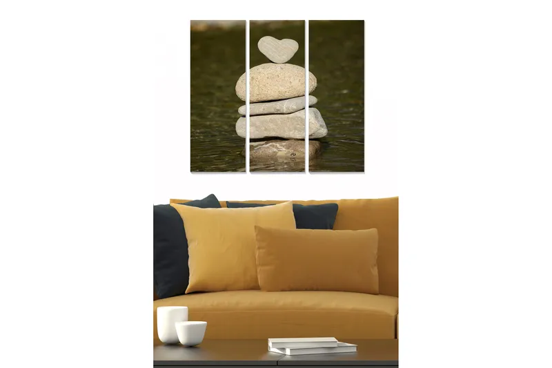Canvastavla i trä 3-delar 50x70 cm - Stenstapel med ett hjärtformat stenar på toppen, Grå / Beige / Brun