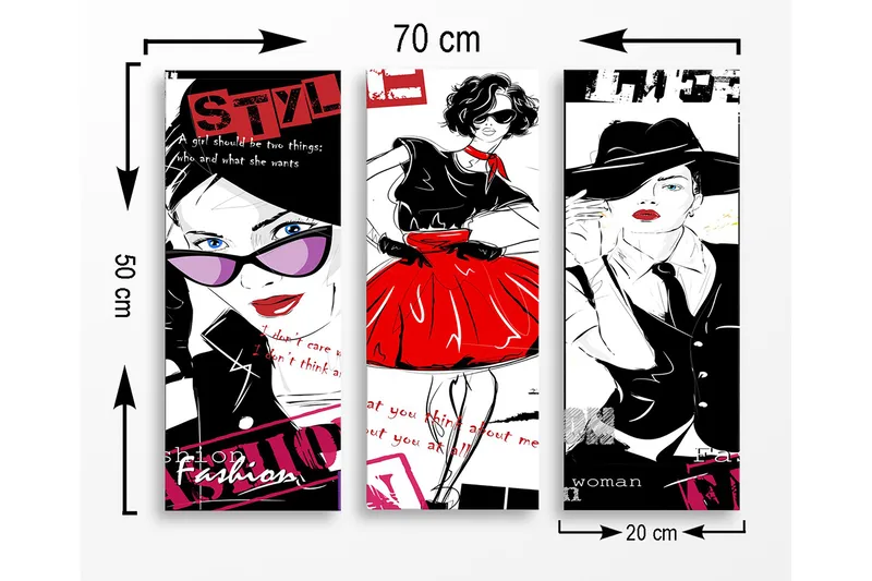 Canvastavla i trä 3-delar 50x70 cm - Stilfulla kvinnor i mode med färgglada detaljer - Röd / Svart / Vit - Inredning & dekor - Tavlor & konst - Canvastavla