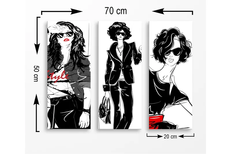 Canvastavla i trä 3-delar 50x70 cm - Stiliga kvinnor i modekläder med solglasögon - Svart / Röd / Vit - Inredning & dekor - Tavlor & konst - Canvastavla