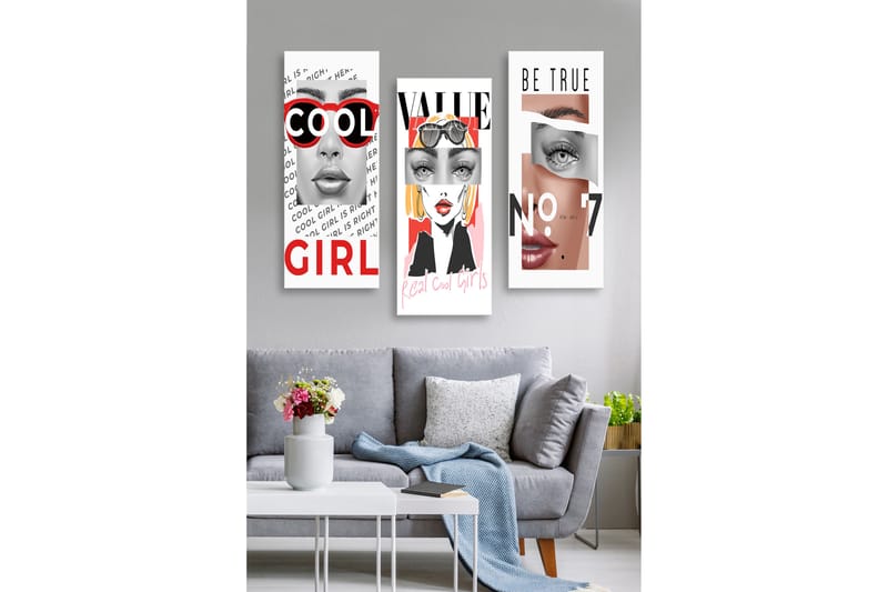 Canvastavla i trä 3-delar 50x70 cm - Stiliserade porträtt av kvinnor med moderna inslag, Röd / Svart / Hudton