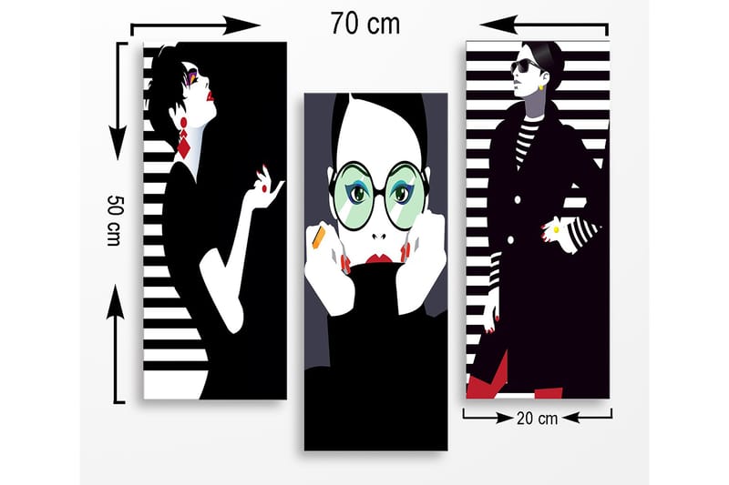 Canvastavla i trä 3-delar 50x70 cm - Stiliserade porträtt av modeikoner med grafiska inslag - Svart / Vit / Röd - Inredning & dekor - Tavlor & konst - Canvastavla