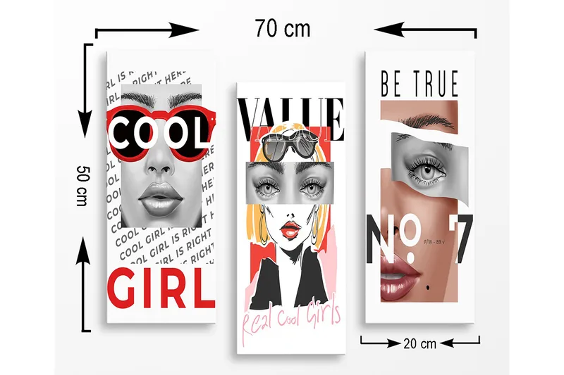 Canvastavla i trä 3-delar 50x70 cm - Stiliserade porträtt av kvinnor med moderna inslag - Röd / Svart / Hudton - Inredning & dekor - Tavlor & konst - Canvastavla