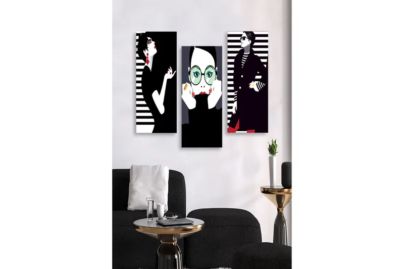Canvastavla i trä 3-delar 50x70 cm - Stiliserade porträtt av modeikoner med grafiska inslag - Svart / Vit / Röd - Inredning & dekor - Tavlor & konst - Canvastavla