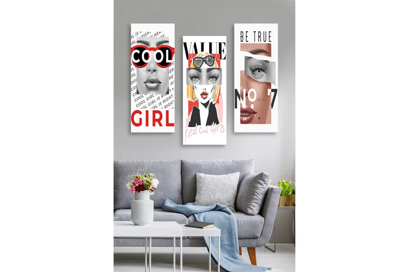 Canvastavla i trä 3-delar 50x70 cm - Stiliserade porträtt av kvinnor med moderna inslag, Röd / Svart / Hudton