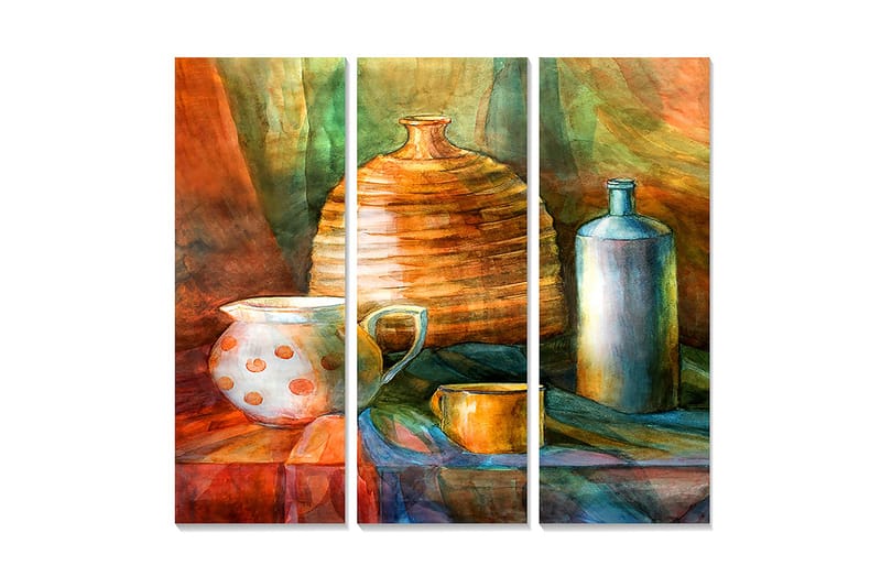 Canvastavla i trä 3-delar 50x70 cm - Stilleben med keramik och glasföremål - Orange / Grön / Blå - Inredning & dekor - Tavlor & konst - Canvastavla