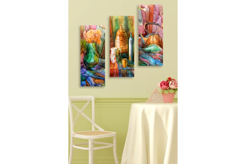 Canvastavla i trä 3-delar 50x70 cm - Stillhet med blommor och keramikföremål i harmoniska färger - Grön / Orange / Blå - Inredning & dekor - Tavlor & konst - Canvastavla