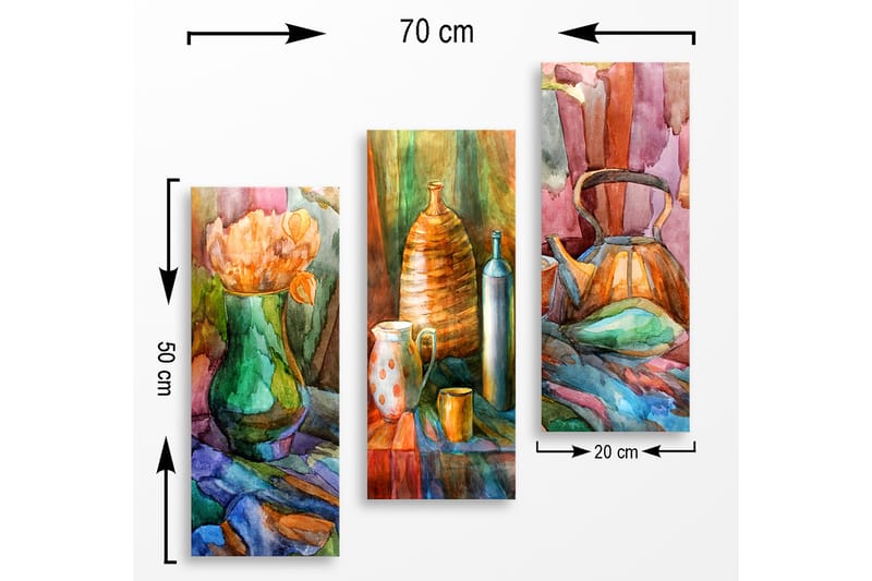 Canvastavla i trä 3-delar 50x70 cm - Stillhet med blommor och keramikföremål i harmoniska färger - Grön / Orange / Blå - Inredning & dekor - Tavlor & konst - Canvastavla