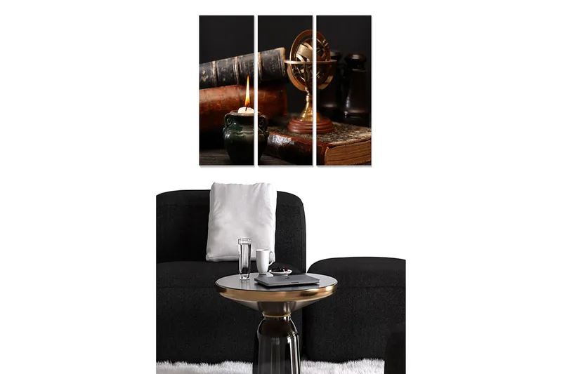 Canvastavla i trä 3-delar 50x70 cm - Stillhet med böcker, en glob och ett tänd ljus, Mörkgr ön / Brunt / Guld